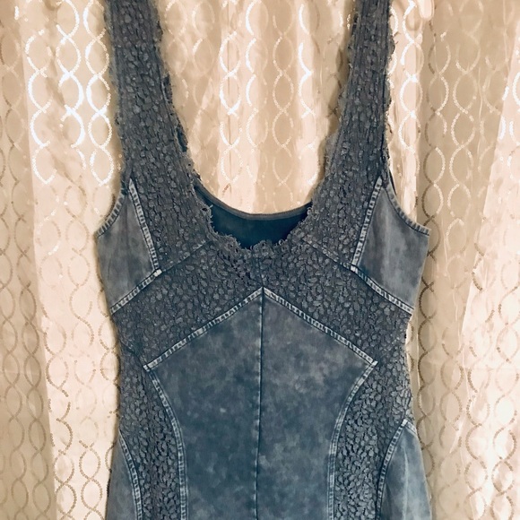 Free People BodyCon Tank Dress Blue/Grey w/ Lace Inlay Stone Wash Cotton/Spandex - Picture 10 of 14